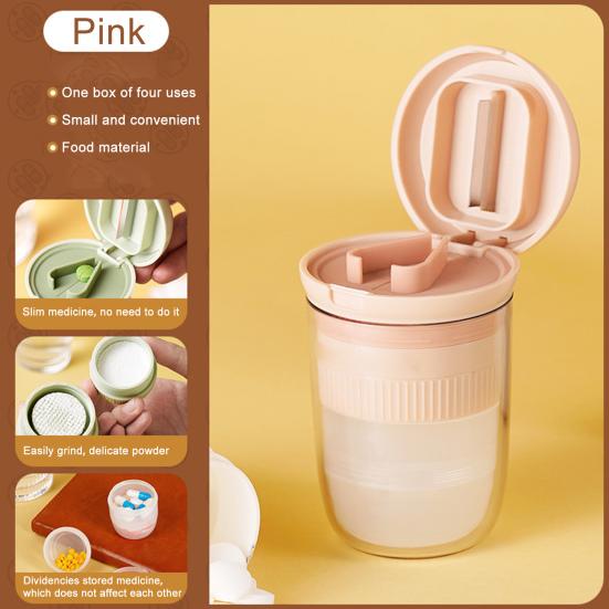 4-in-1 Pill Crusher Cutter with Stainless Steel Blade V-Shaped Splitter Drinking Cup Pill Grinder