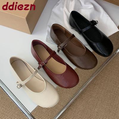 Мода Мода Ремешок с пряжкой Женские туфли-лодочки на плоской подошве Мягкая повседневная женская обувь с мелким вырезом Круглый носок Женские балетки