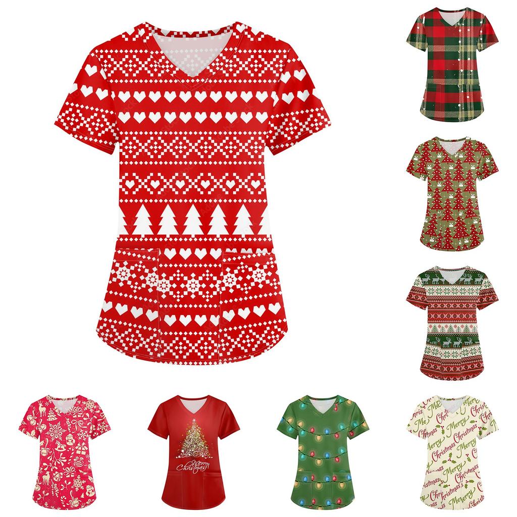 Plus Size Printed Scrub Working Uniform Tops For Women's Cross V Neck Christmas Print Short Sleeve Fun T-Shirts Workwear Tee With Pockets
