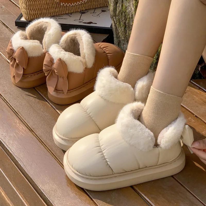 Cute Warm Ankle Boots Winter Women's Bow Warmth Plush Bow Cotton Shoes 2025 New Waterproof Down Cloth Short Barrel Snow Boots
