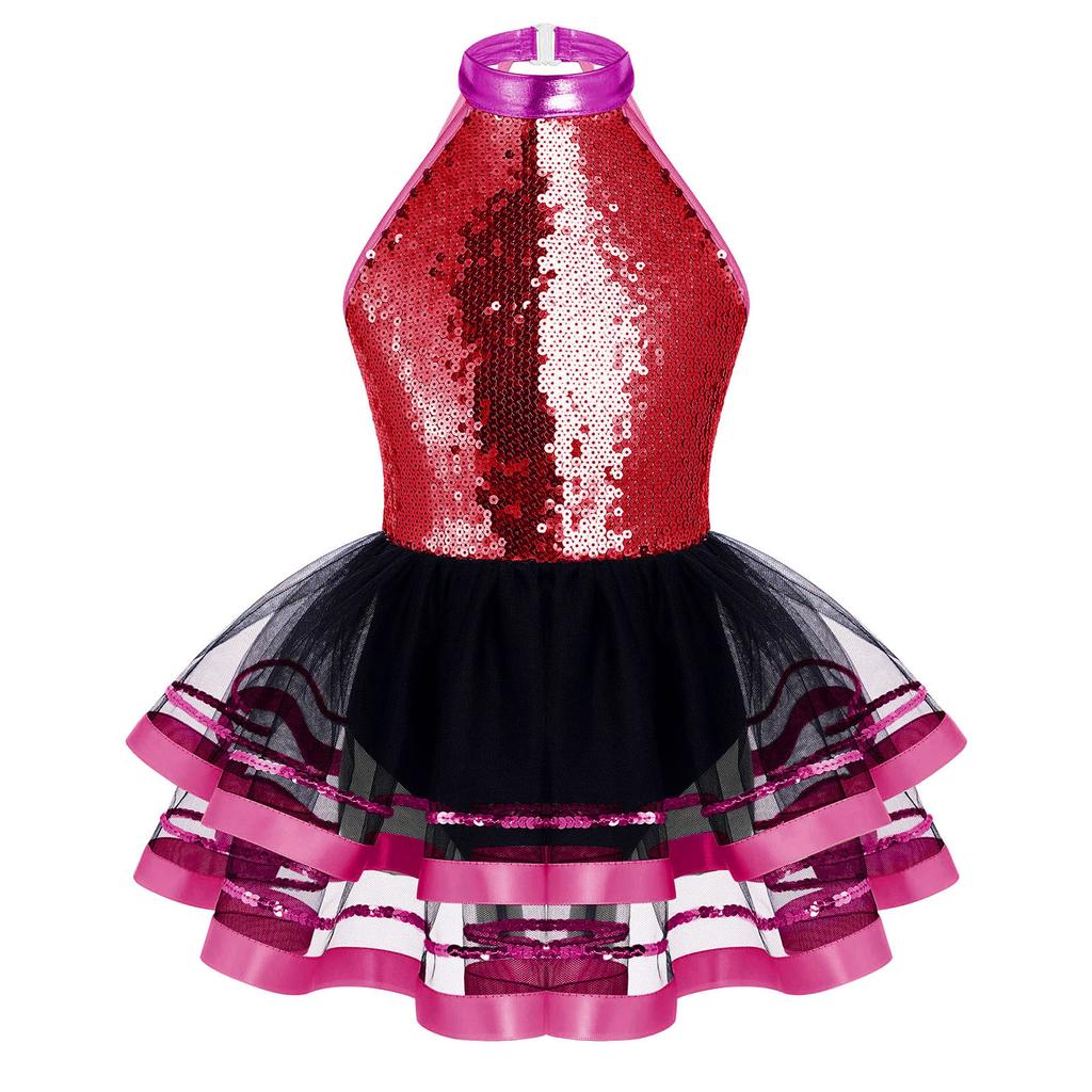Kids Girls Sequins Halter Ballet Dance Tutu Dress Gymnastics Modern Latin Jazz Dancing Costume