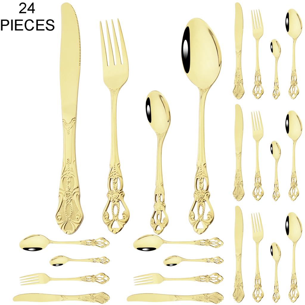 24 шт. винтажный золотой набор столовых приборов из нержавеющей стали, набор столовых приборов, нож, вилка, кофейная ложка, посуда, кухонное серебро, набор столовых приборов