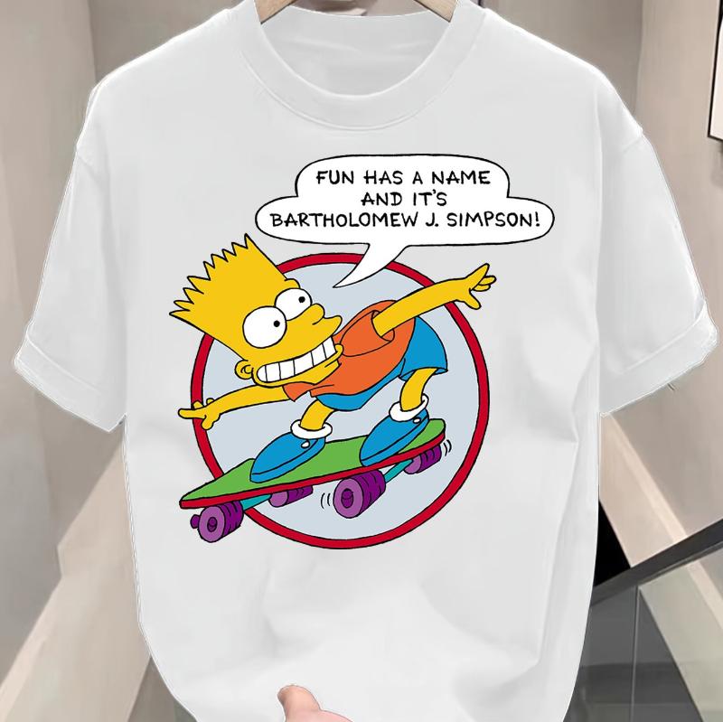 Летняя мужская модная и удобная футболка с круглым вырезом и коротким рукавом с принтом Барта Симпсона на скейтборде и текстом