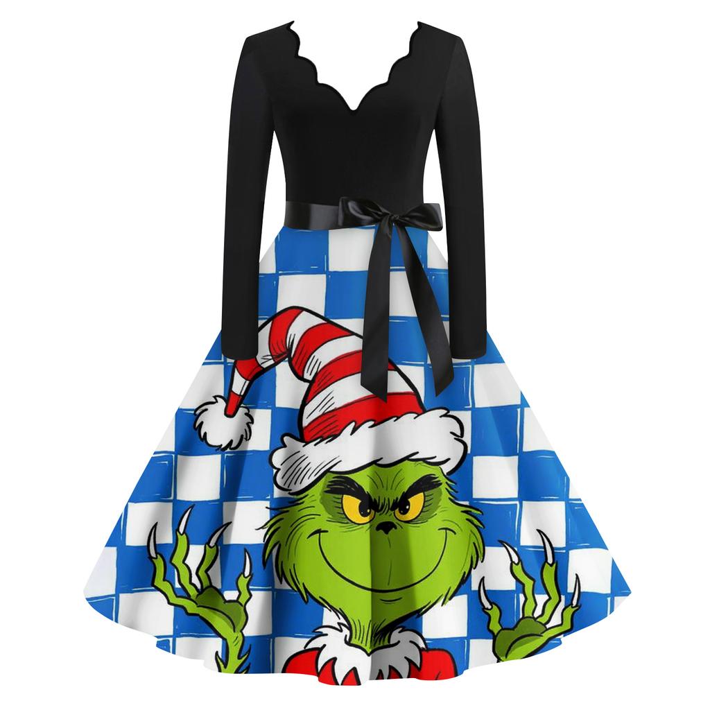Женское модное ретро платье с длинным рукавом, квадратным вырезом, рождественским принтом, вечернее платье