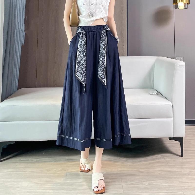 Women S High Waist Wide Leg Cropped Skirt Pants Summer Thin Blue Denim Style