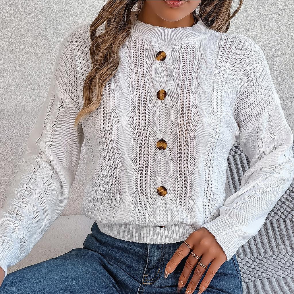 GMXIA Women's Fashion Casual Solid Color Autumn Winter Long Sleeve Round Neck Loose Button Pullover Sweater