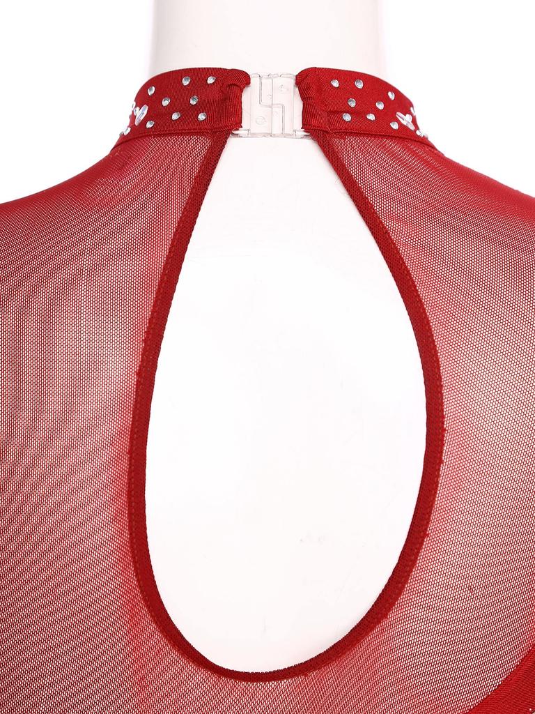 Women Asymmetrical Lyrical Dance Dress S-XXL - Mock Neck Cutout Sheer Mesh Patchwork Shiny Rhinestones Side Split Dancewear