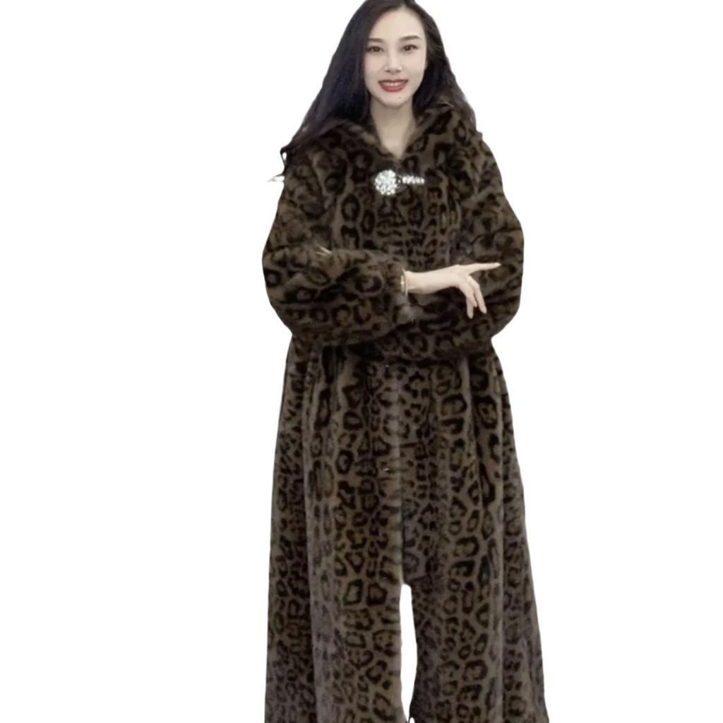 European Station extended leopard print fur jacket loose large size imitation mink coat winter thickened cotton coat women