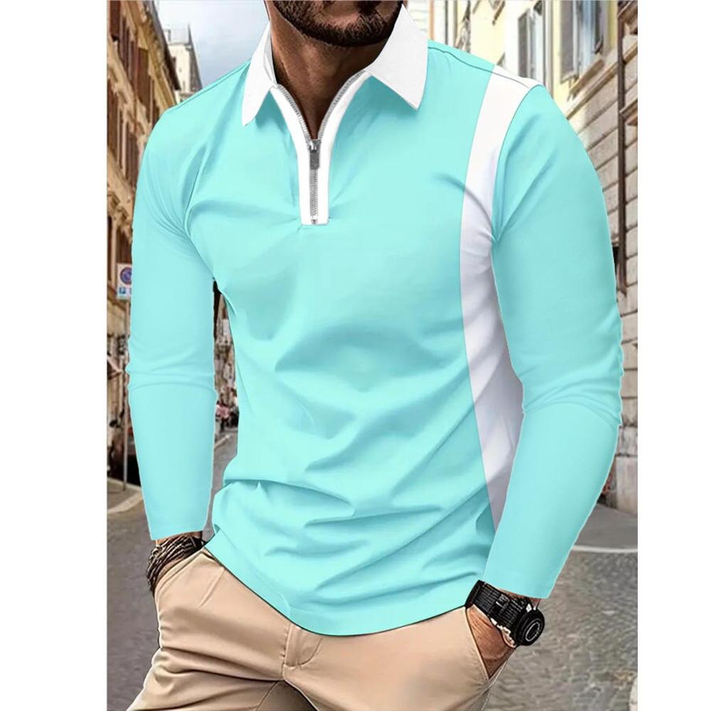 Spring Men's Clothes Contrast Color Fashion Polo Shirts Long Sleeve Turn-down Collar Tops Soft Breathable Casual Zipper Pullover