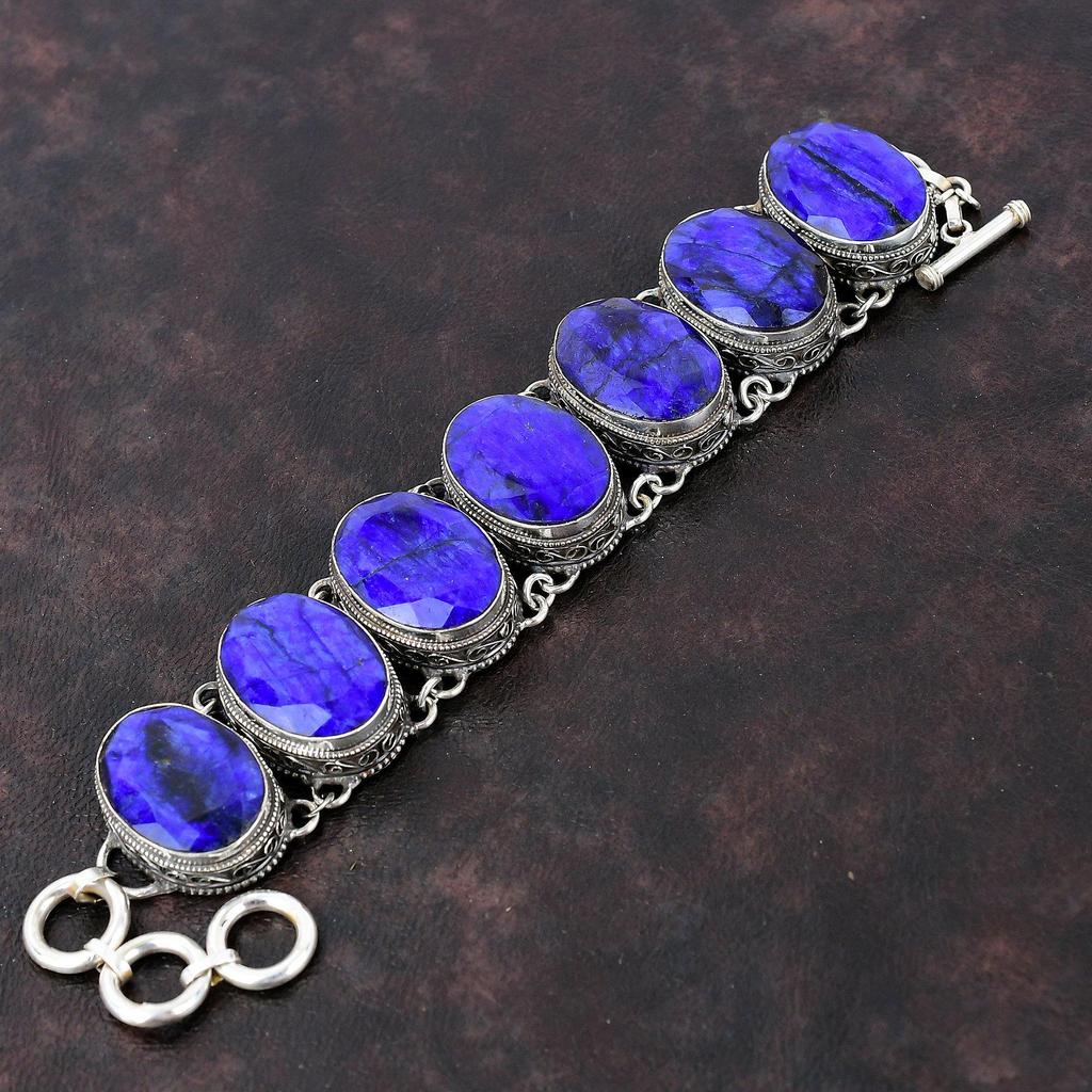 Браслет с граненым синим сапфиром, винтажный браслет, браслет из стерлингового серебра 925 пробы, регулируемый браслет-цепочка, подарок для него, ювелирные изделия из натуральных драгоценных камней