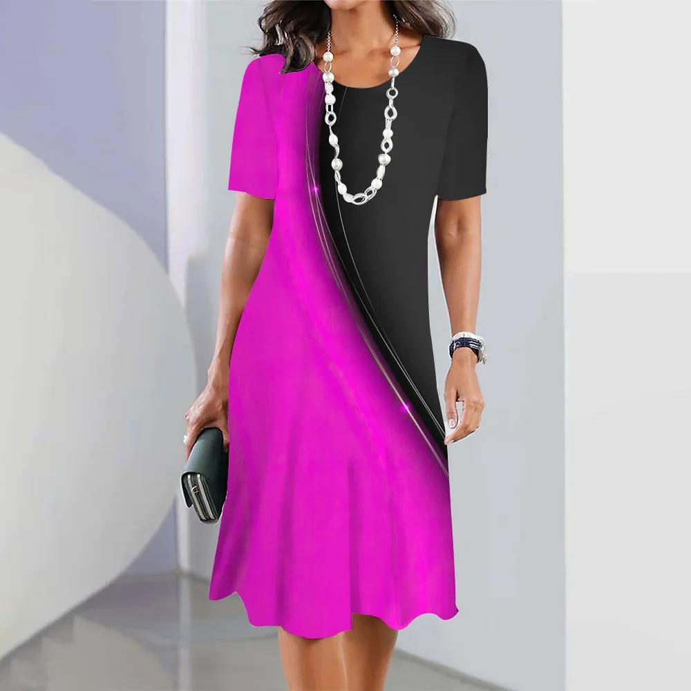 Летняя женская одежда Платья Ретро юбки А-силуэта 3D цветное блокирующее платье Вечеринка Элегантное платье с короткими рукавами Пуловер свободного покроя
