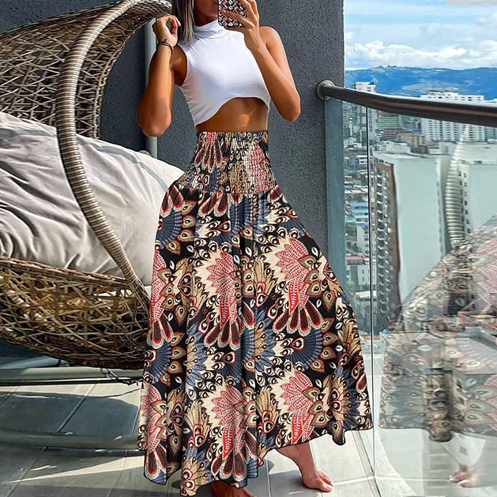 Women  Casual Loose Boho Elastic Waist A-Line Beach Flowy Swing Vacation Floral Printing Maxi Skirt