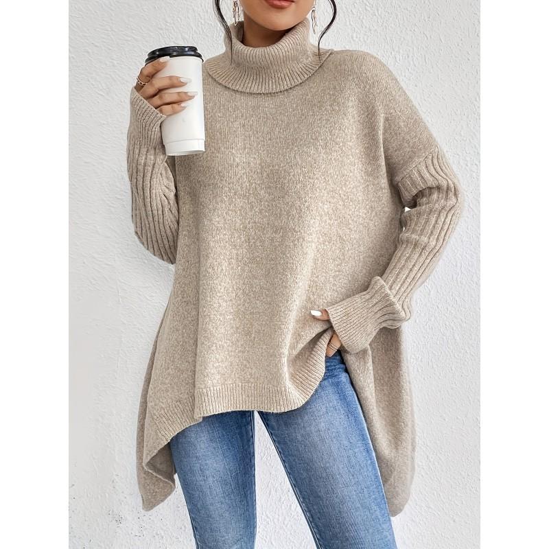 Womens Oversized Loose High Neck Knit Sweater Fall Winter Casual Long Sleeve Pullover In Solid Colors