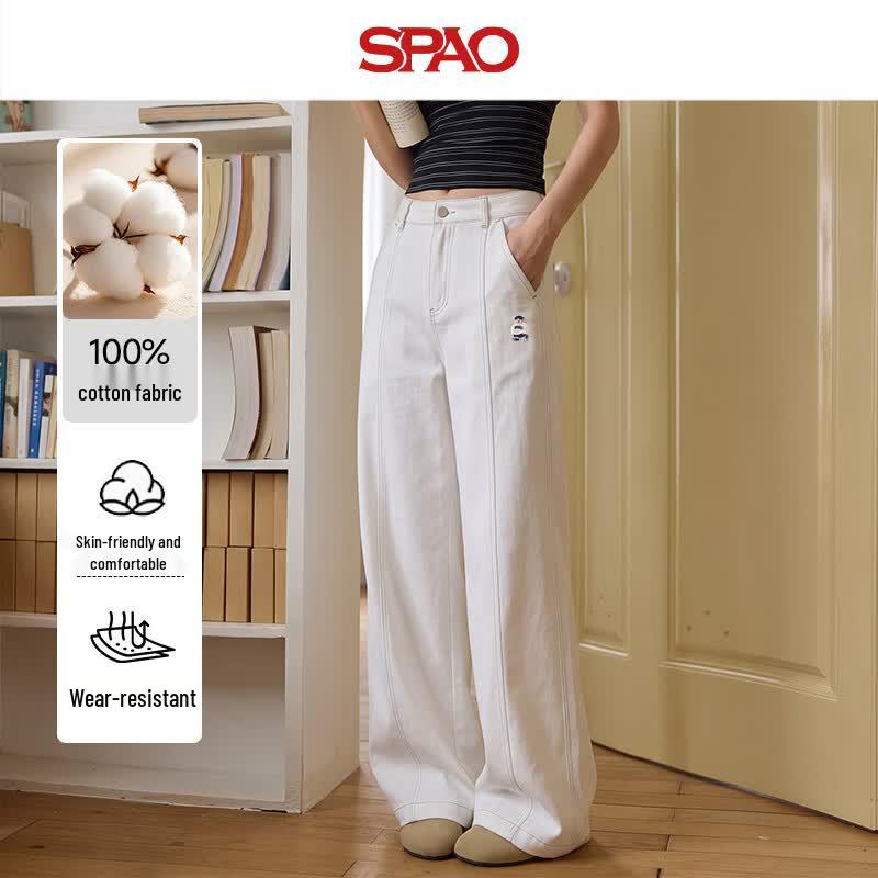Женские повседневные брюки SPAO с вышивкой в виде мультяшного мишки, прямые, широкие