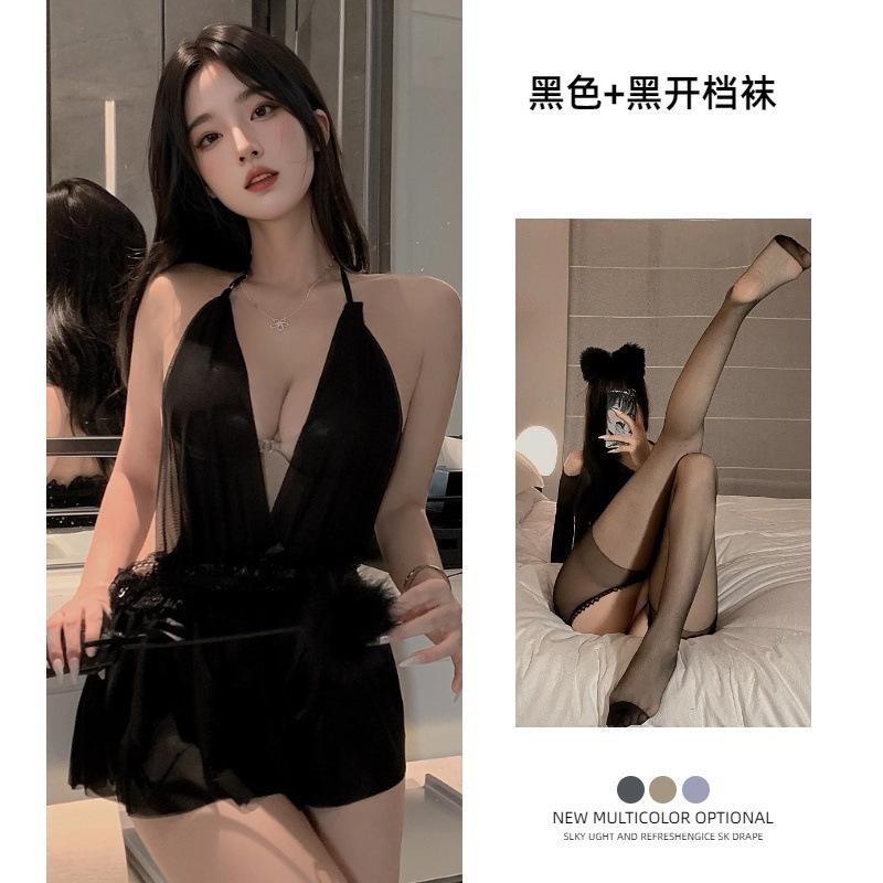 Sex underwear neck skirt European and American French nightgown dinner bar uniform mesh backless perspective nightclub dress