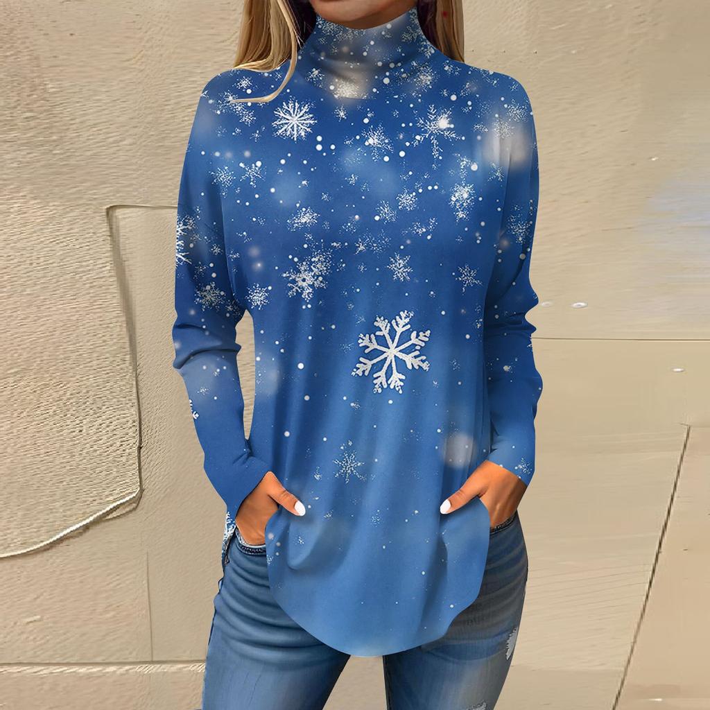 Женская модная повседневная футболка с длинным рукавом с высоким воротом и принтом, пуловер, топ