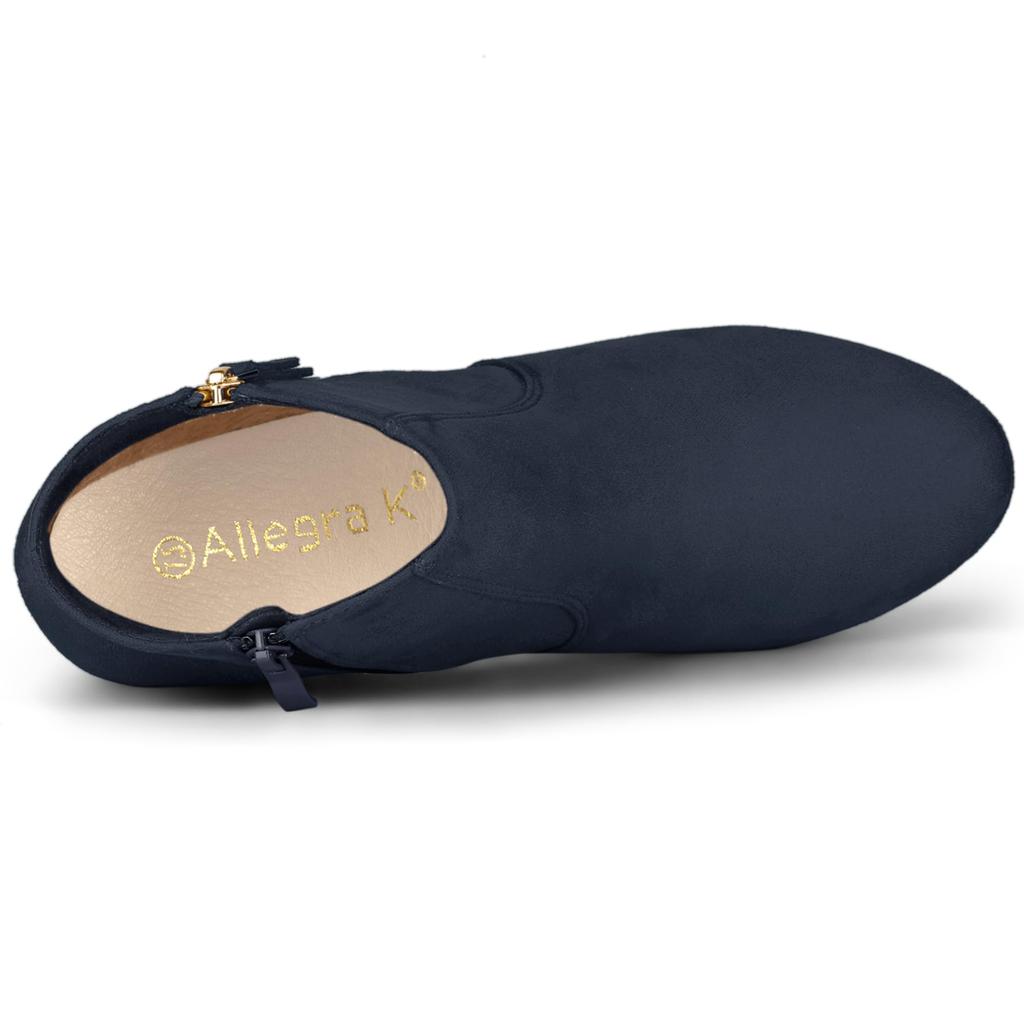 Allegra K Women's Navy Blue Ankle Boots with Side Zipper, Low Platform, and Chunky Heel, Size 23.0 cm