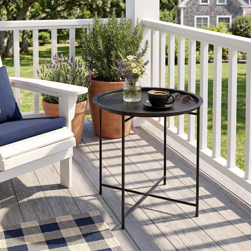 Gartentisch, Runder Außen-Beistelltisch aus Stahl mit herausnehmbarem Tabletttisch, faltbares Design, Terrassentisch, Schwarz