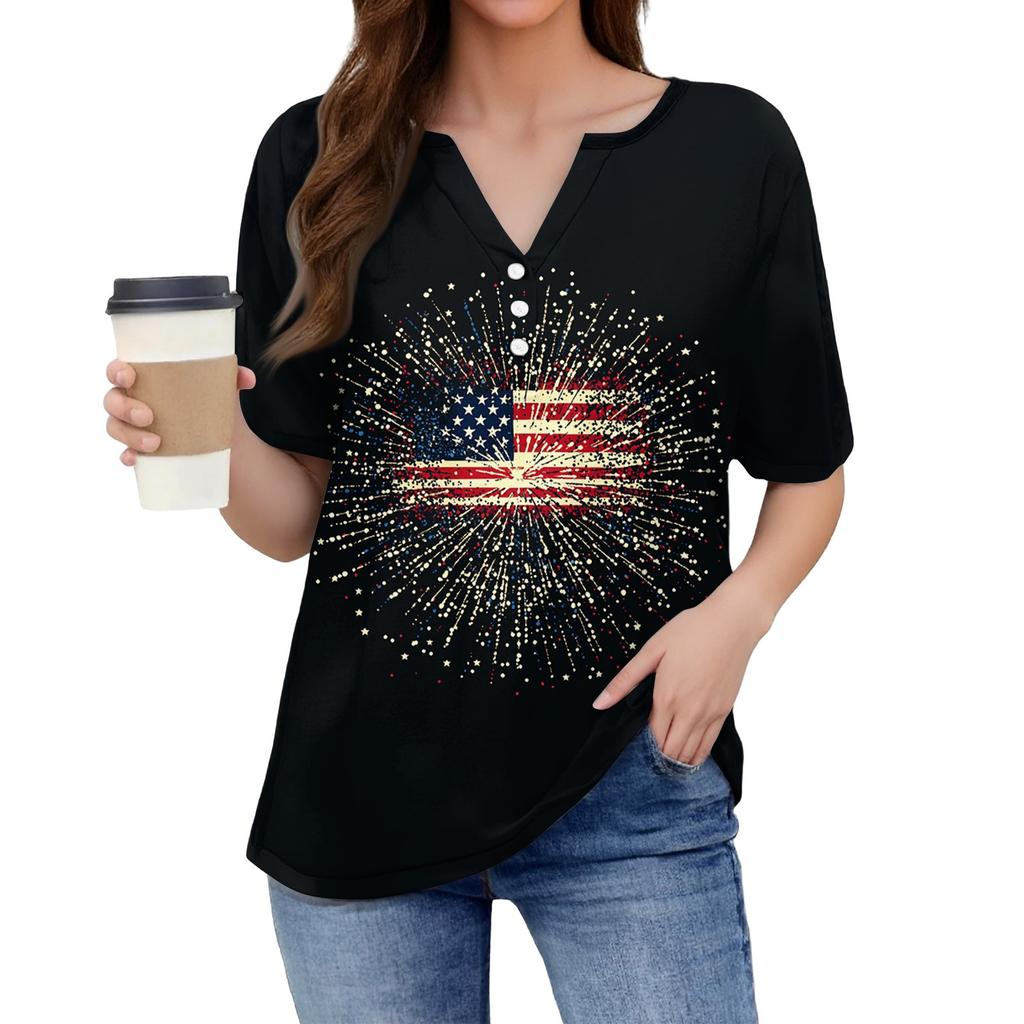 Жен. Футболка С принтом Пуговицы С короткими рукавами Повседневные Выходные Мода Классический V-образный вырез Обычный Верх