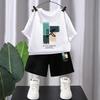 Летний дышащий детский костюм из хлопка с короткими рукавами, свободная корейская футболка для мальчиков, универсальный костюм с короткими рукавами