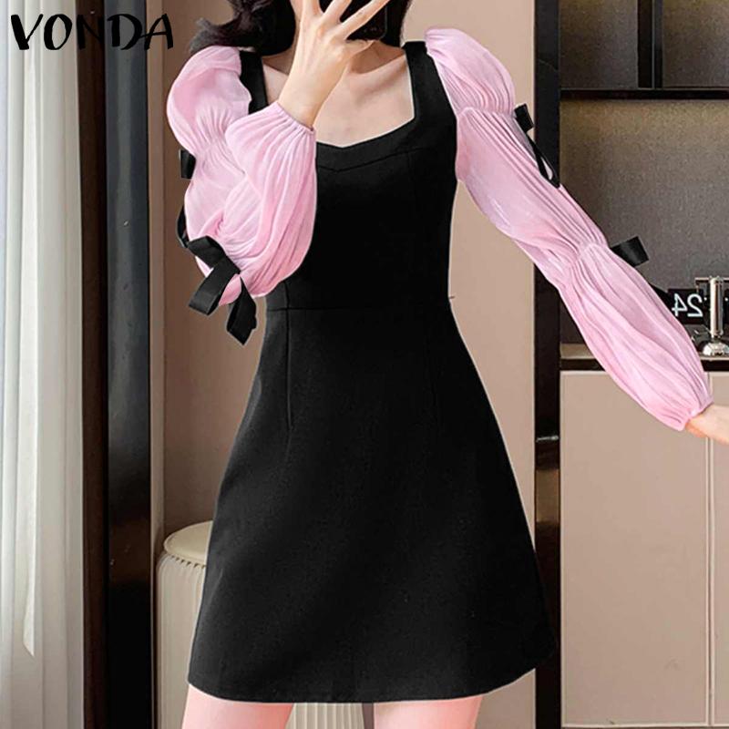 VONDA Женские летние платья А-силуэта с квадратным вырезом и завязкой-узлом, с длинным рукавом и поясом