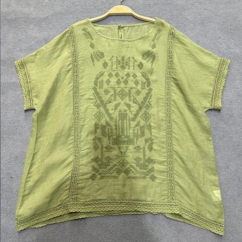 Johnature Summer Sweet Embroidery Tops Vintage Casual Design Sense Versatile Short Sleeve Pullover Shirts Women