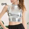 Women Crop Top Round Neck Sleeveless Glossy Solid Color Short Waist Exposed Slim Fit Pullover Club Party Performance Tank Top