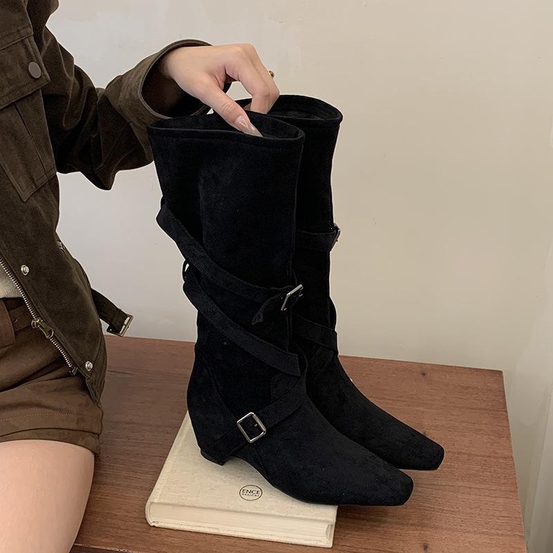 Autumn and Winter Slope Heel Suede Cross with Square Head Suede Medium Boots Metal Buckle Stacking Boots