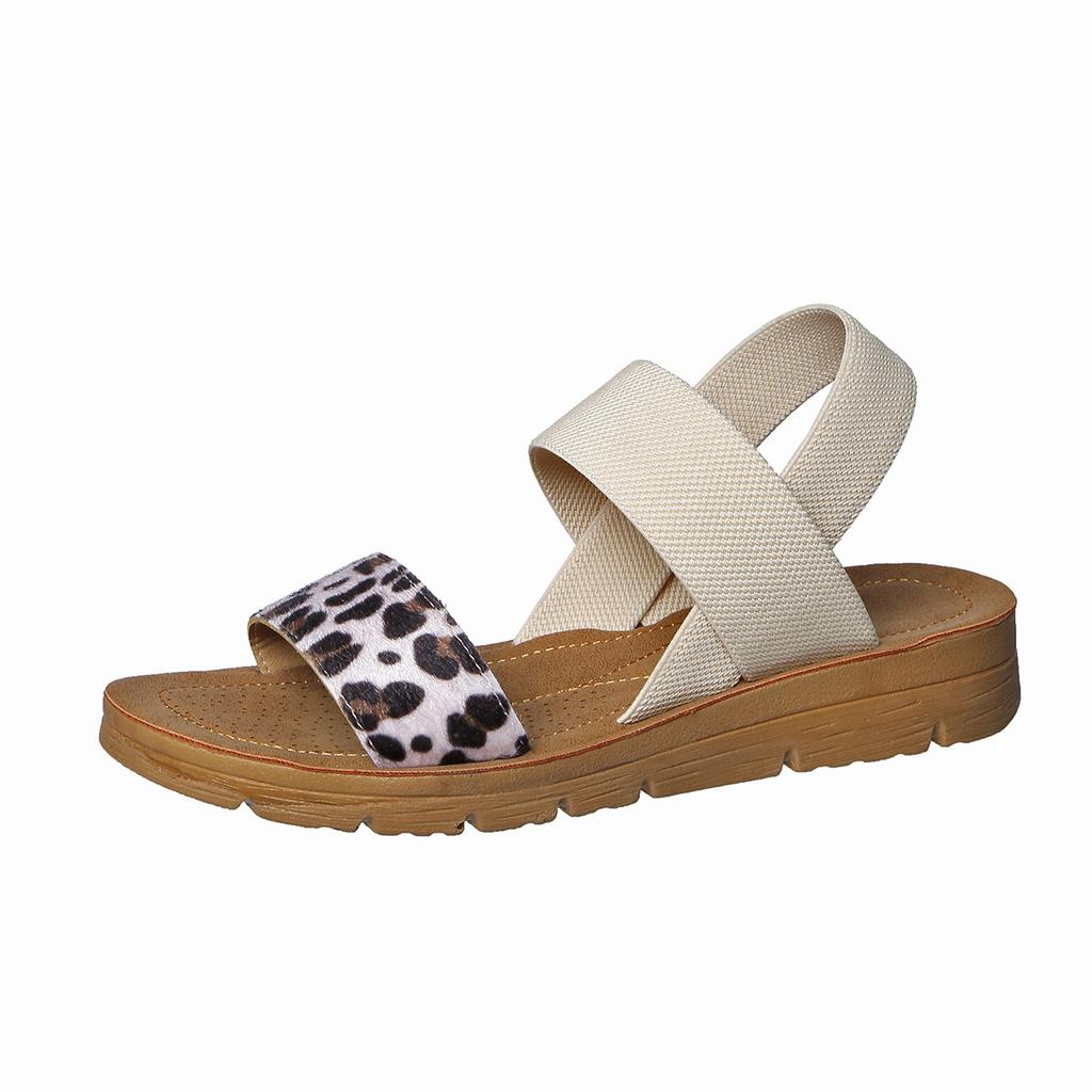 2025 summer new fish mouth leopard print flat bottom one pedal elastic band light and comfortable casual fashion sandals women's batch