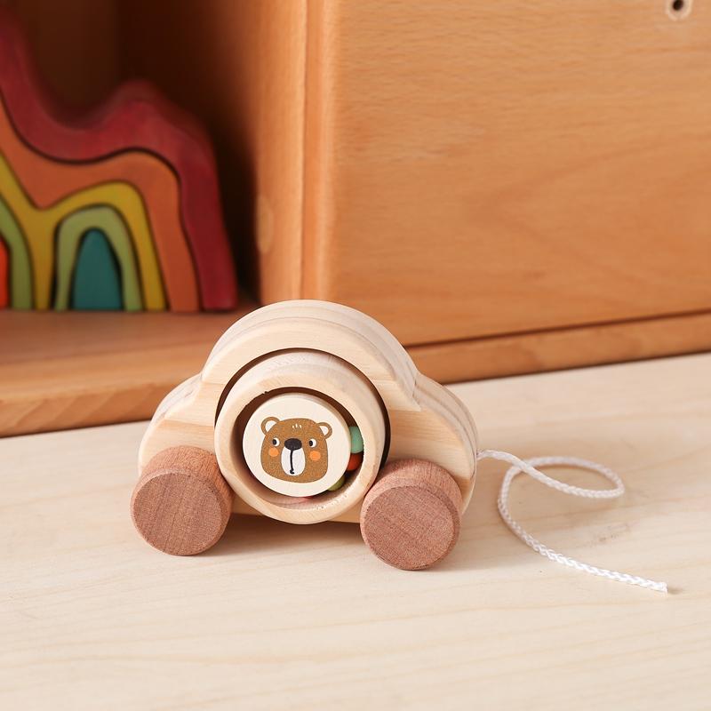 Деревянная игрушка-тележка для малышей, игра Монтессори для развития мелкой моторики пальцев, тележка из сосны с мультяшным мишкой, не содержит БФА, украшение детской комнаты, подарок для ребенка