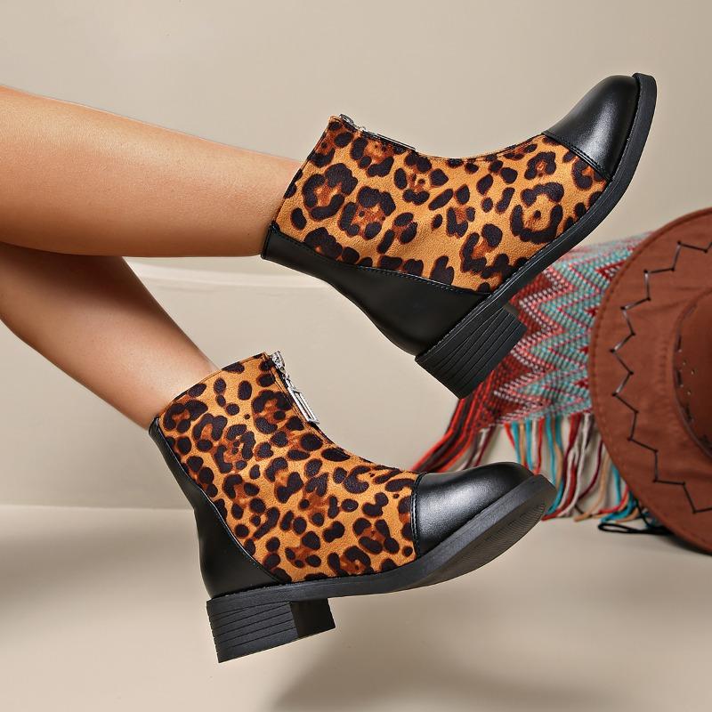 2025 Новые леопардовые замшевые цветные ботильоны на блочном каблуке с передней молнией, противоскользящие, износостойкие, женские модные короткие ботинки