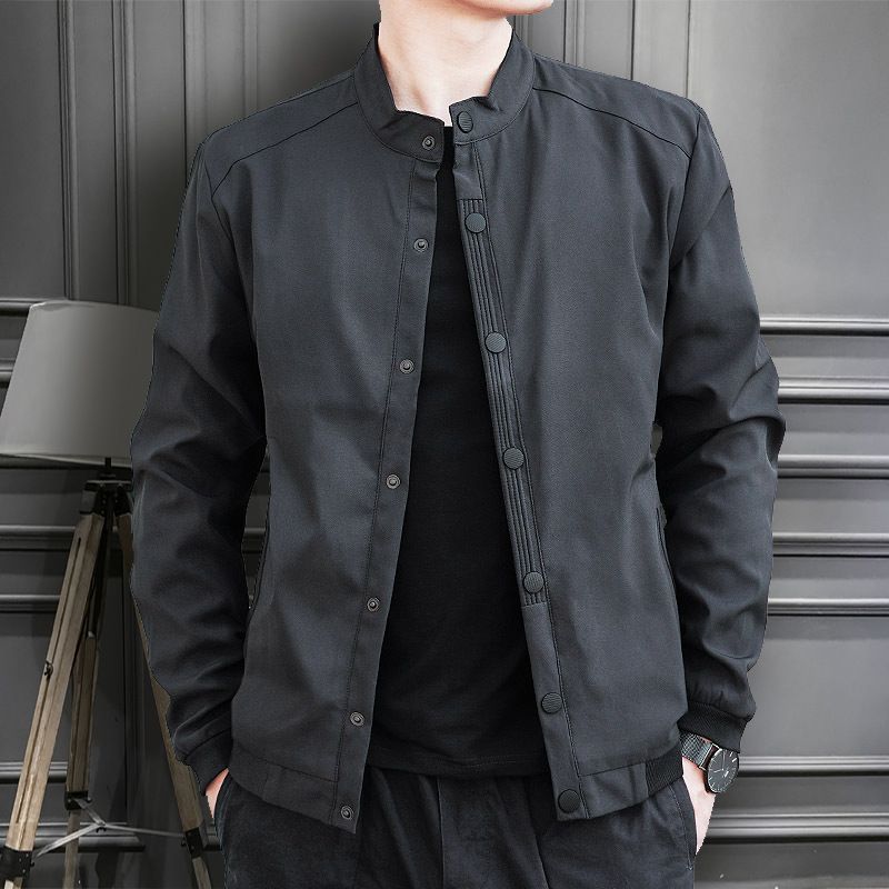 Тонкая модная куртка с воротником-стойкой на весенне-осенний сезон, повседневная, свободного кроя, простая однотонная, мужская, с длинным рукавом, рабочая