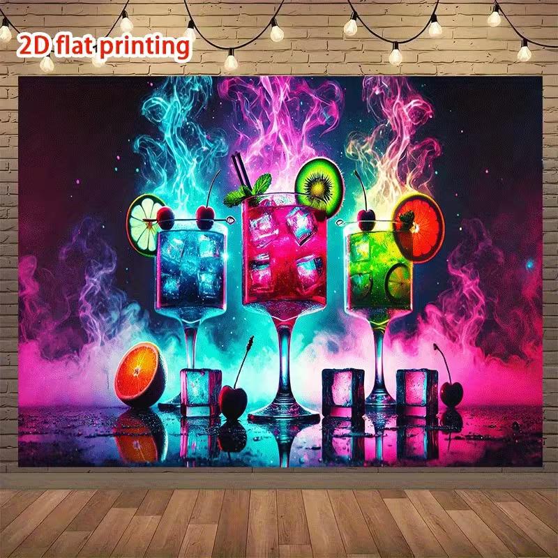 2D Neon Cocktails Backdrop, Vibrant Colors with Ice Cubes and Fruit