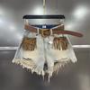 Retro Tassel Ripped Jean Shorts for Women Loose Wide Legs