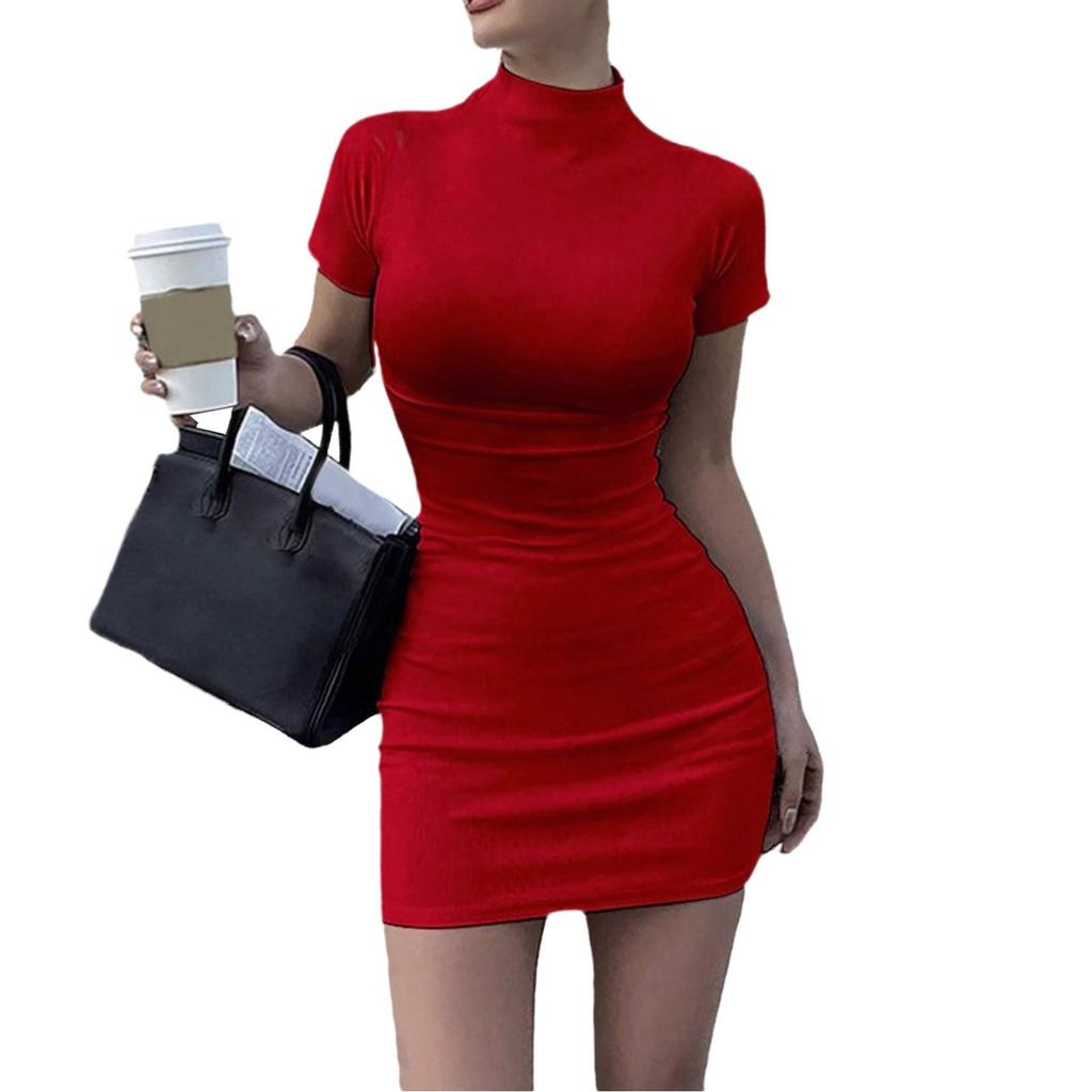 Модное однотонное платье с высоким воротником и короткими рукавами, облегающее, универсальное, темпераментное, короткое, облегающее платье