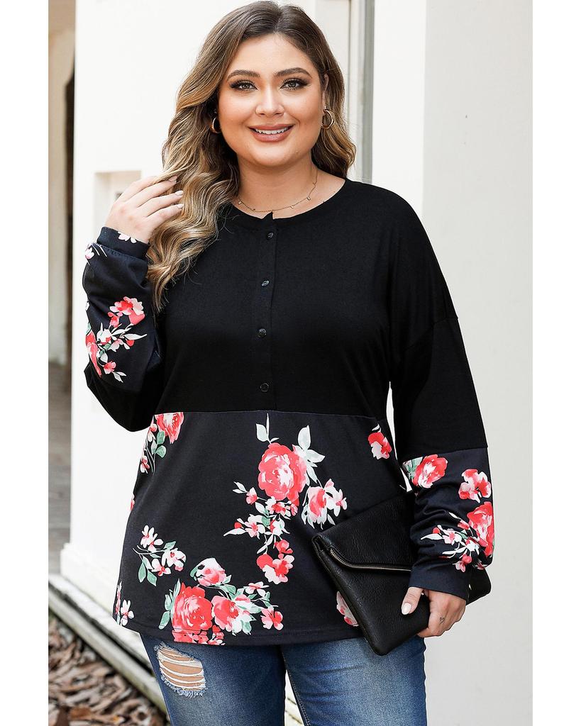 Azura Exchange Black Plus Size Floral Printed Splicing Half Button Top