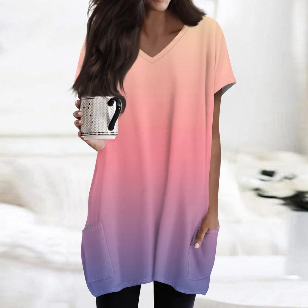 Женские топы с V-образным вырезом, блузки с коротким рукавом, повседневные рубашки средней длины, модные туники с принтом и карманами