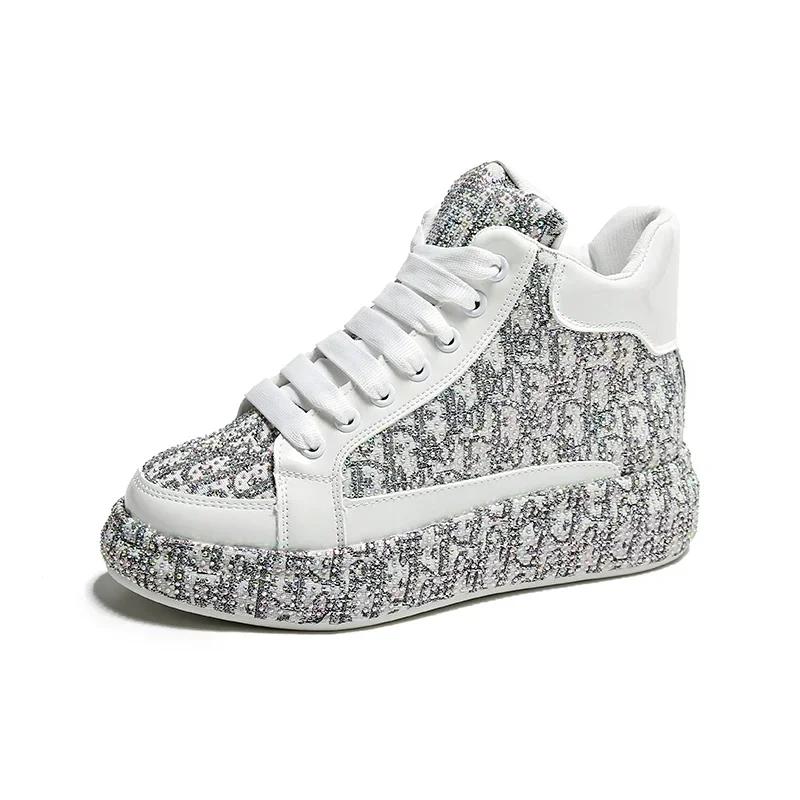 Модная женская обувь Модная женская обувь на шнуровке из вулканизированной стали Осенняя обувь с круглым носком и блестками Разноцветная повседневная женская обувь для офиса на платформе