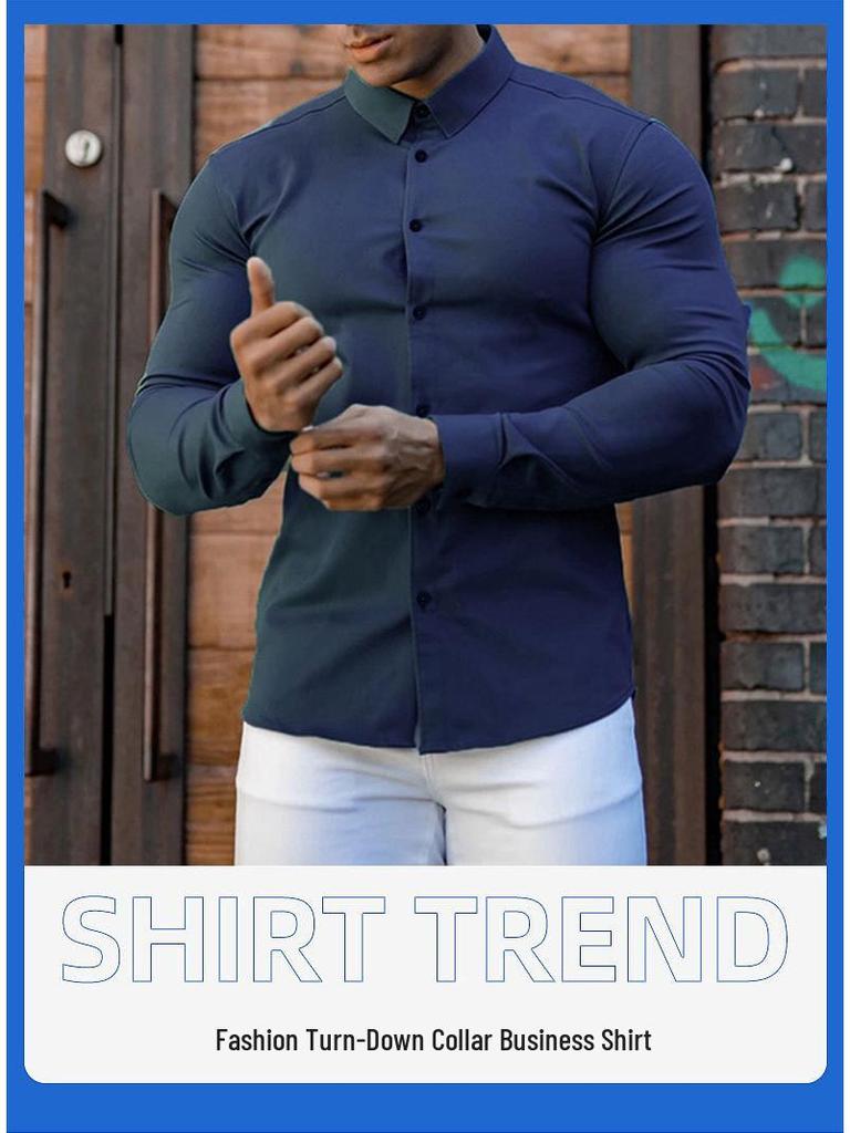 Мужская повседневная универсальная рубашка с длинным рукавом на весну/осень - Спортивная, привлекательная, однотонная, деловой стиль, отложной воротник