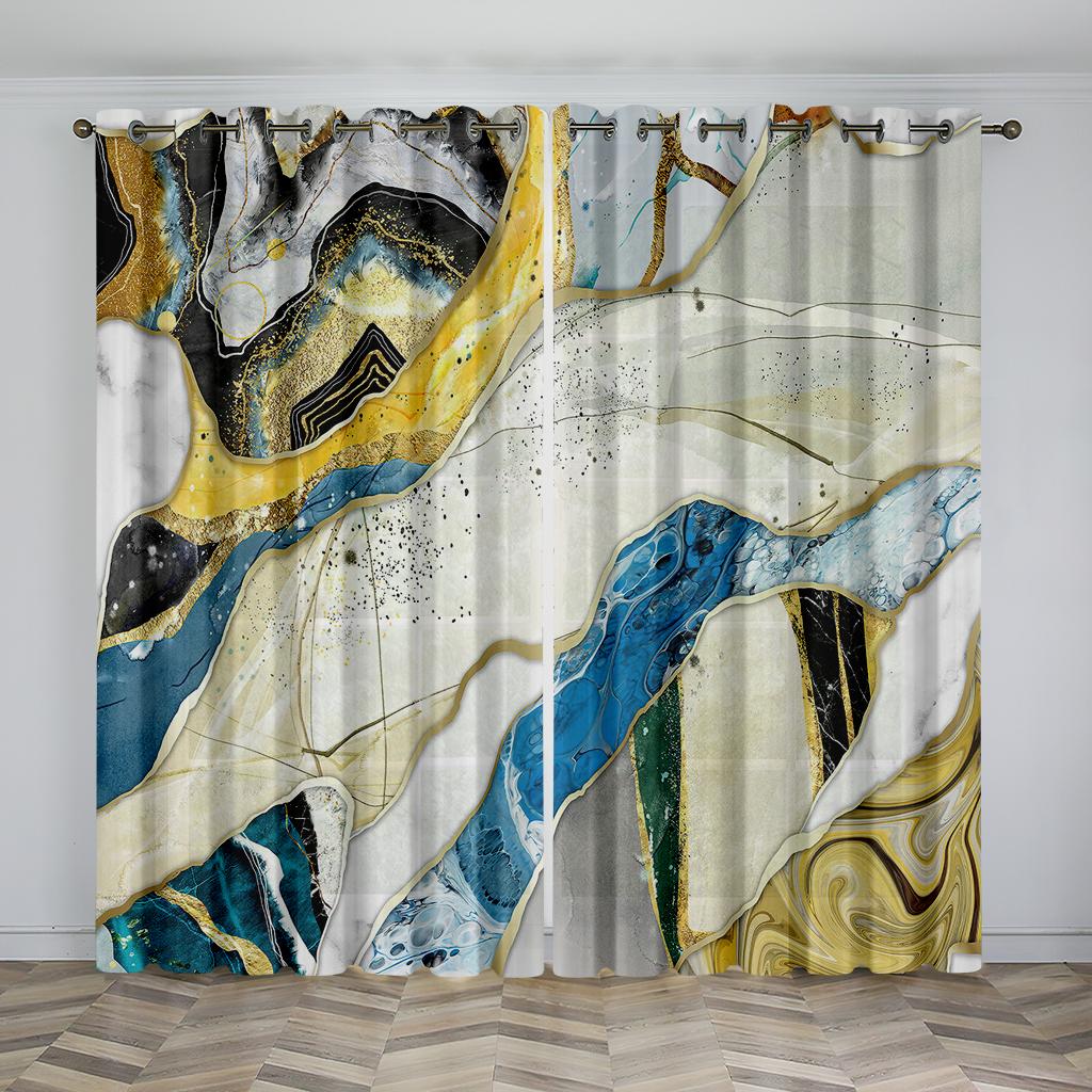 2pcs Modern Abstract Art Marble Textured Geometric Print Drape RodPocket Curtain Semi Blackout Curtains For Living Room Bedroom
