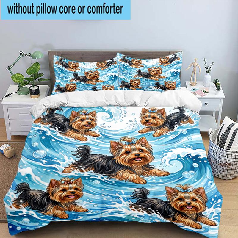 Cherry Blossom Yorkie 3pcs Bedding,Including 1pc Duvet Cover And 2pcs Pillowcases Perfect for Christmas,Ideal for Bedroom, Dormitory