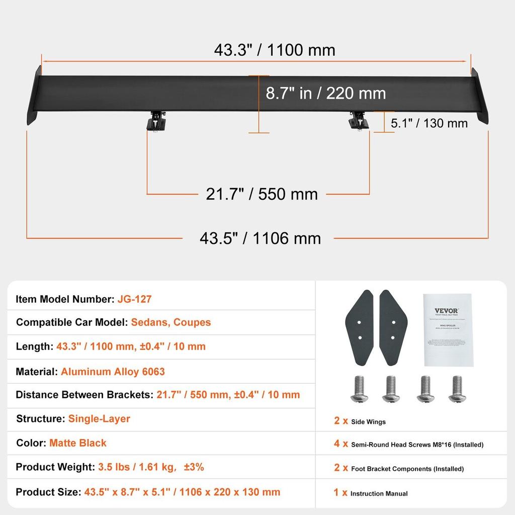 GT Wing Car Spoiler, 43.3 inch Universal Spoiler with Single Deck, Adjustable Lightweight Aluminum, Car Rear Spoiler Wing, Racing Spoiler BGW/JDM