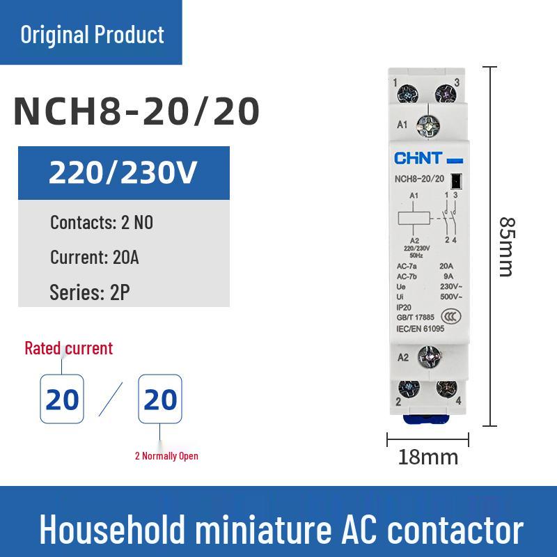 Однофазный AC контактор Chint NCH8-20/20, 20А, 240В, 2P, для монтажа на DIN-рейку