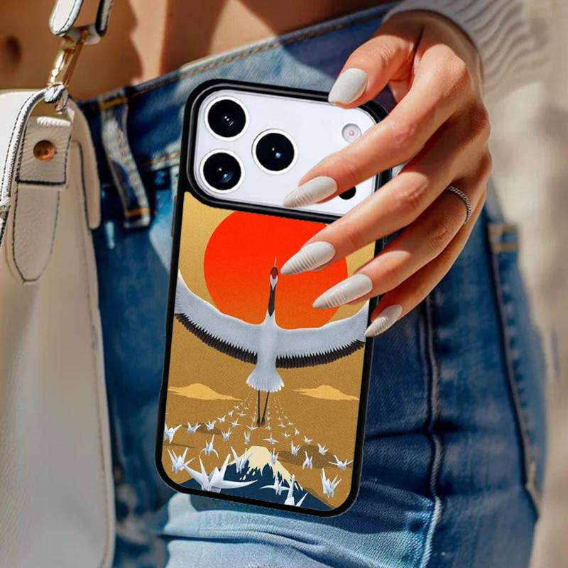 Красное Солнце Японский Журавль Чехол для Телефона Для iPhone 17 Air 14 15 13 12 Max Чехол Для Apple 16e 11 Pro Max Plus Coque