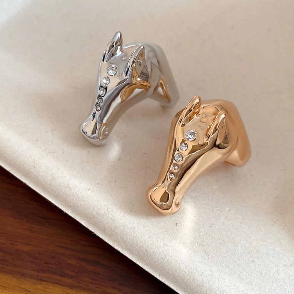 Horse Zodiac Horse Head Ring Pony with Rhinestone Opening Finger Ring New Year Gift