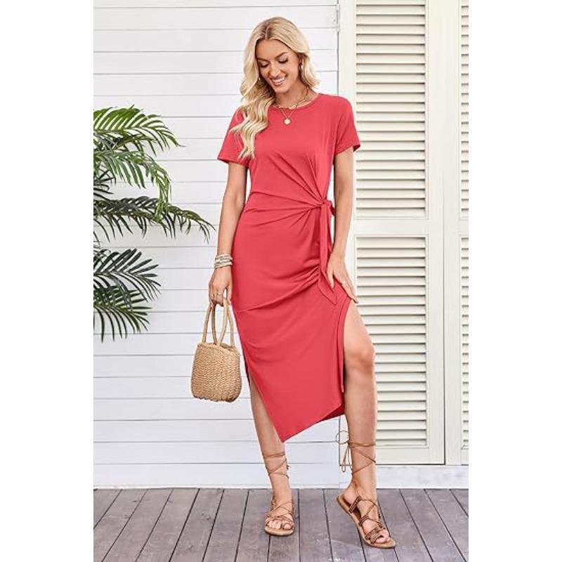 YYFS Женская мода лето весна однотонный принт без рукавов с круглым вырезом и высокой талией повседневные платья