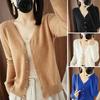 Spring Summer Knitting Cardigan V-Neck Long Sleeve Ribbed Cuffs Sweater Solid Color Single Breasted Stretchy