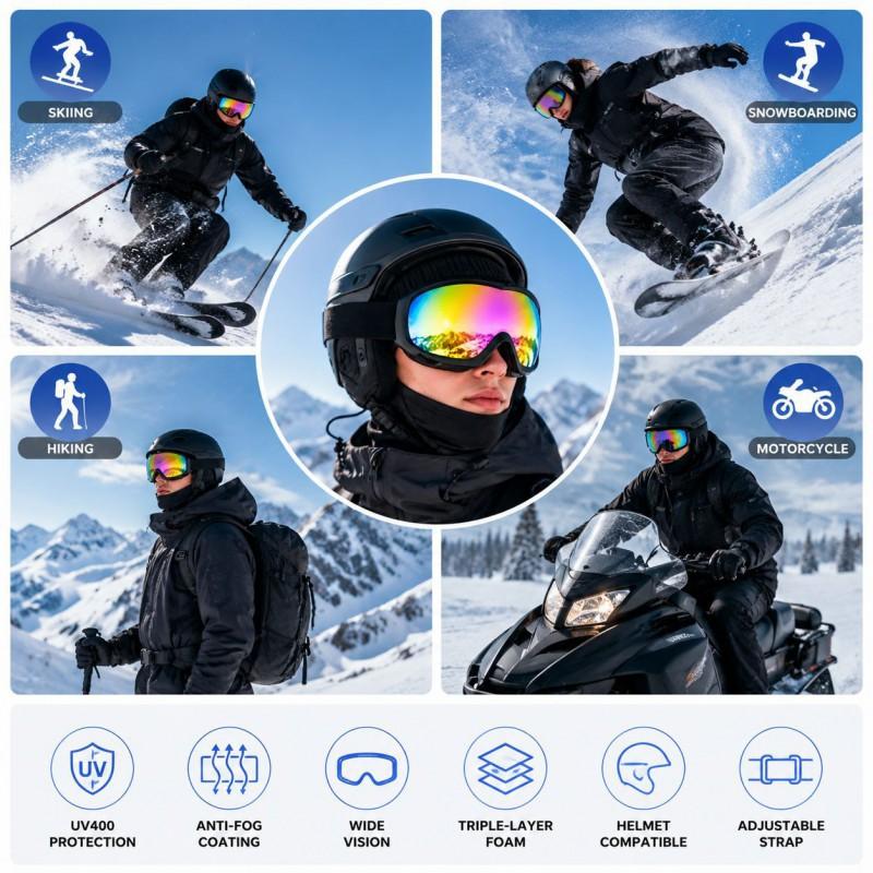 Double-Layer Ski Goggles With Anti-Fog UV Protection Windproof Impact Resistant Adjustable Strap Adults