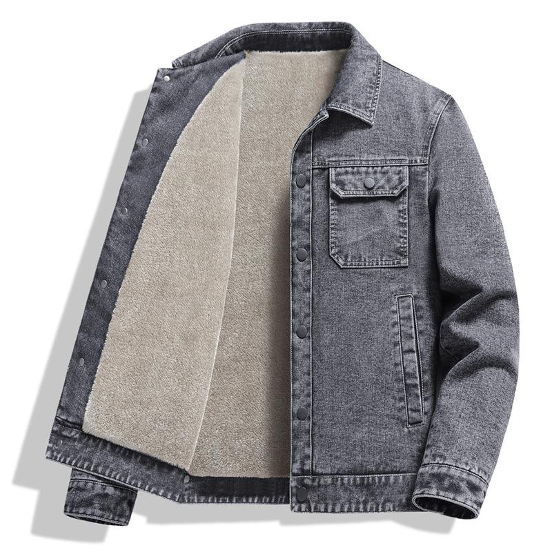 Зимняя толстая повседневная мужская флисовая джинсовая куртка с воротником из овечьего флиса