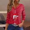 Женская футболка с рождественским принтом, на пуговицах, рукав 3/4, повседневная мода на выходные, базовый топ с V-образным вырезом